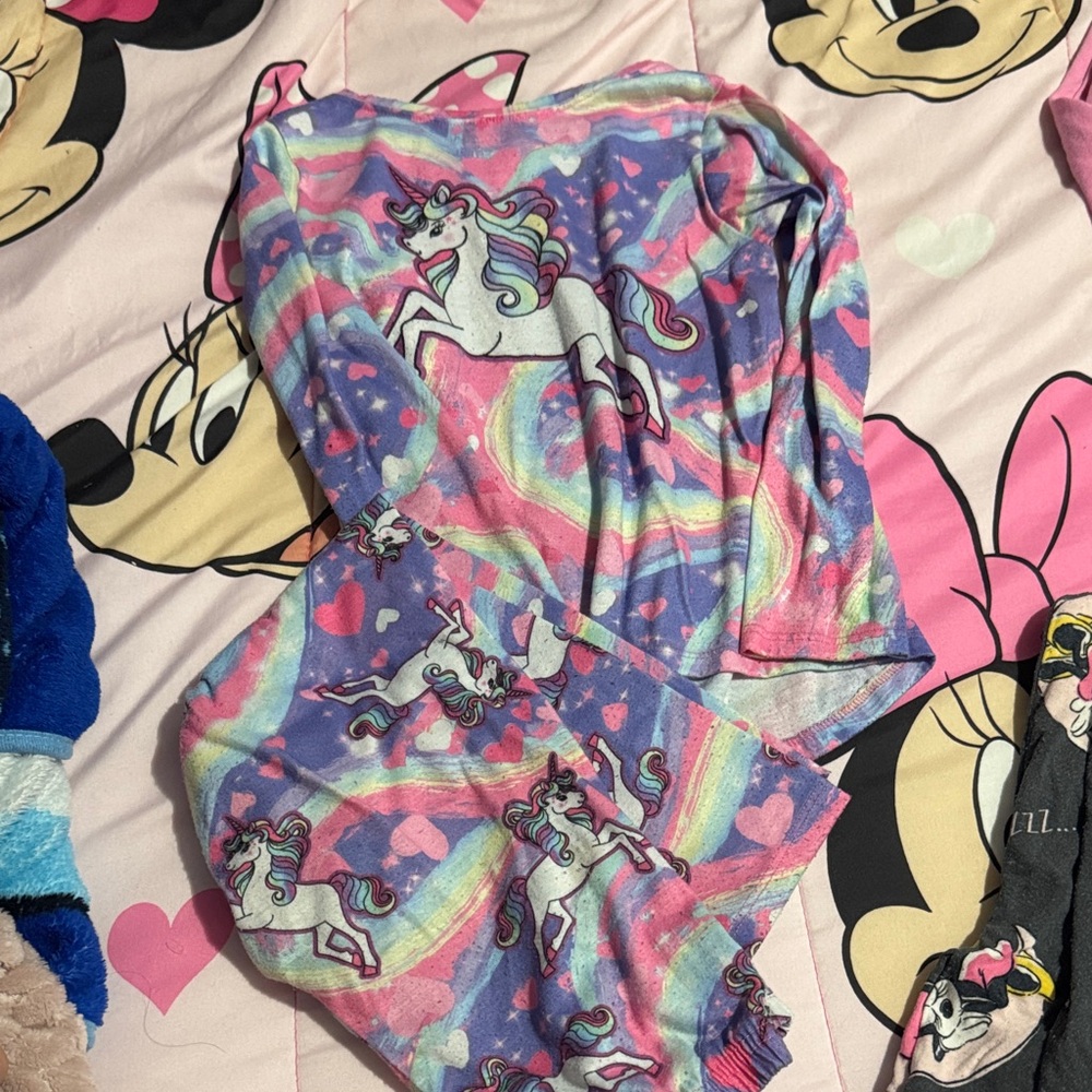 Disney Minnie Mouse Pajama Set and colorful unicorn pajama set
